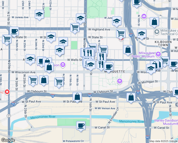 map of restaurants, bars, coffee shops, grocery stores, and more near 1628 West Wisconsin Avenue in Milwaukee
