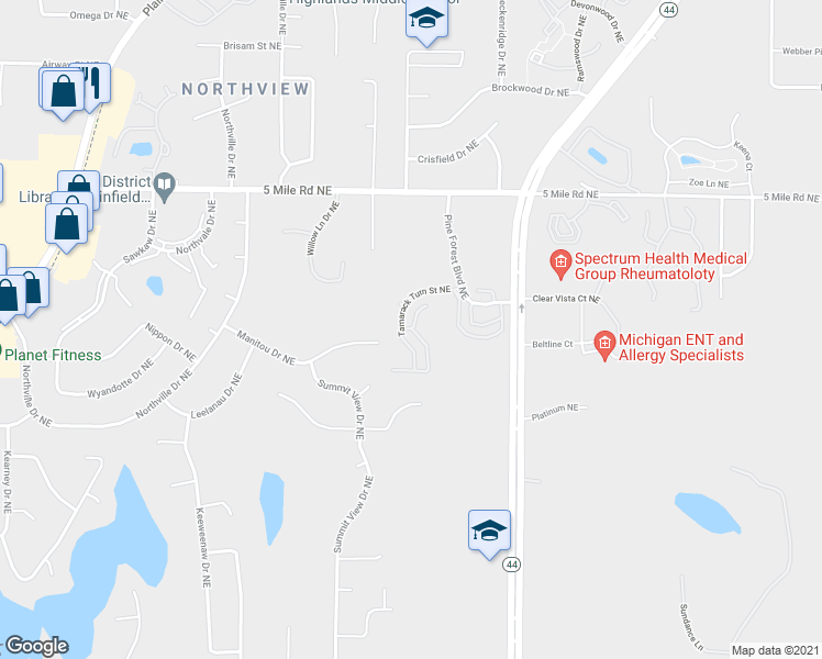 map of restaurants, bars, coffee shops, grocery stores, and more near 4149 Spruce Hollow Drive Northeast in Grand Rapids