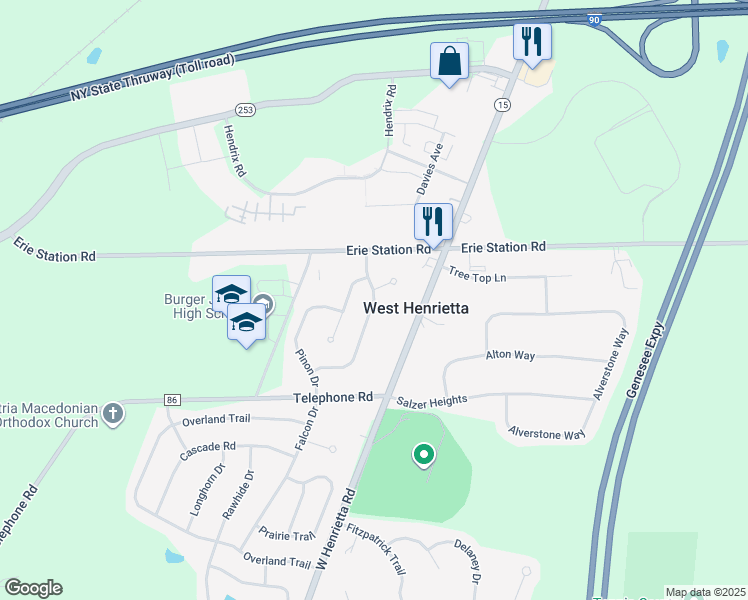 map of restaurants, bars, coffee shops, grocery stores, and more near 37 Yellowstone Drive in West Henrietta