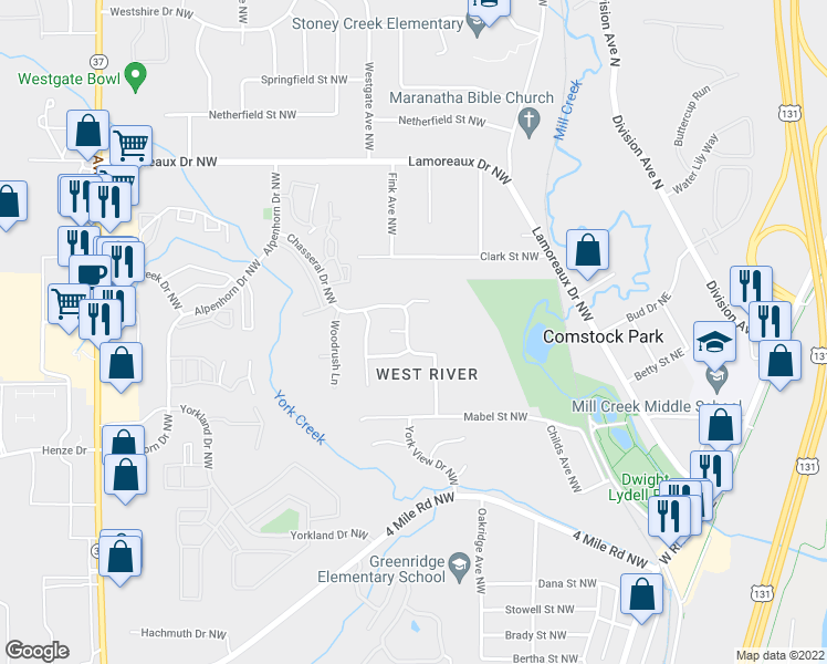 map of restaurants, bars, coffee shops, grocery stores, and more near 4122 Chasseral Drive Northwest in Comstock Park
