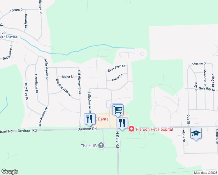 map of restaurants, bars, coffee shops, grocery stores, and more near 2173 Tall Oaks Drive in Davison