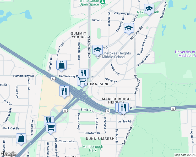 map of restaurants, bars, coffee shops, grocery stores, and more near 4305 Nakoma Road in Madison