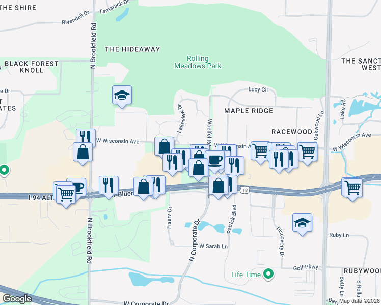 map of restaurants, bars, coffee shops, grocery stores, and more near 18107 Wisconsin Avenue in Brookfield