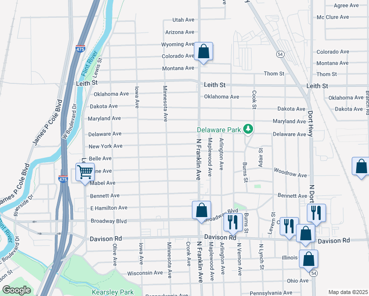 map of restaurants, bars, coffee shops, grocery stores, and more near 1802 New York Avenue in Flint