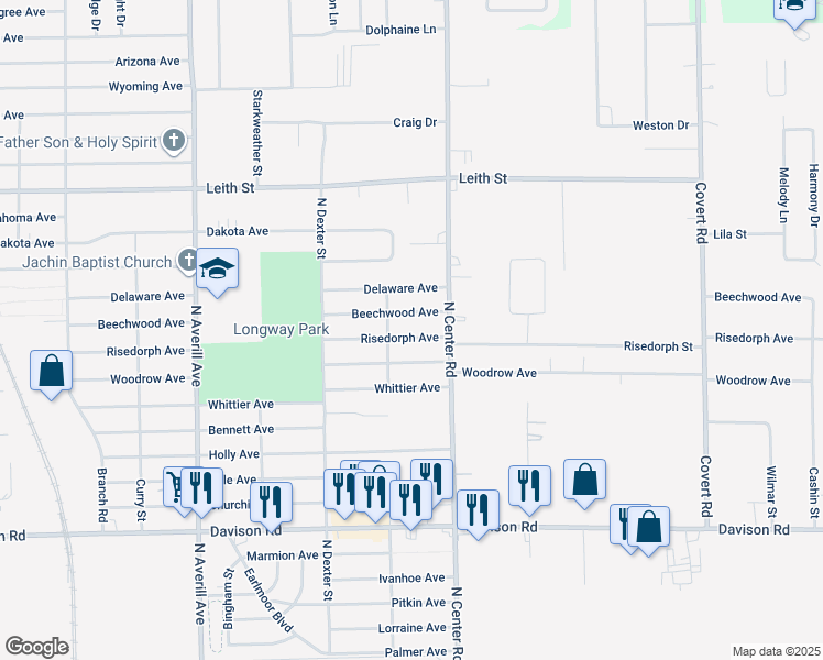 map of restaurants, bars, coffee shops, grocery stores, and more near 3817 Risedorph Avenue in Flint