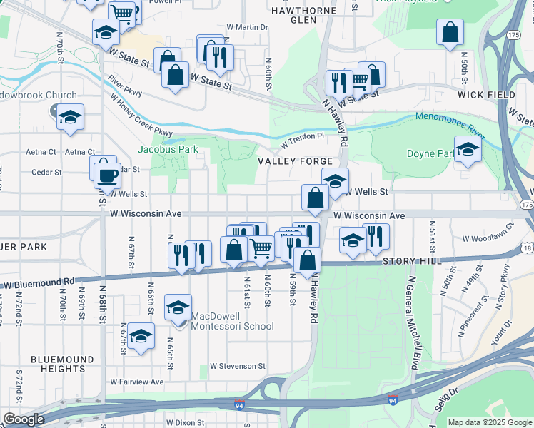 map of restaurants, bars, coffee shops, grocery stores, and more near 700 North 60th Street in Wauwatosa