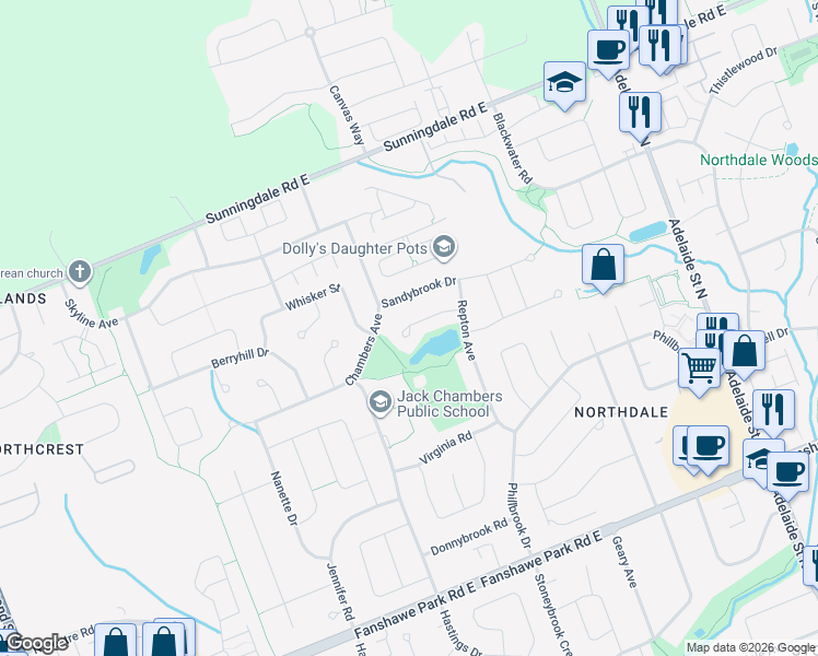 map of restaurants, bars, coffee shops, grocery stores, and more near 445 Kingbird Court in London
