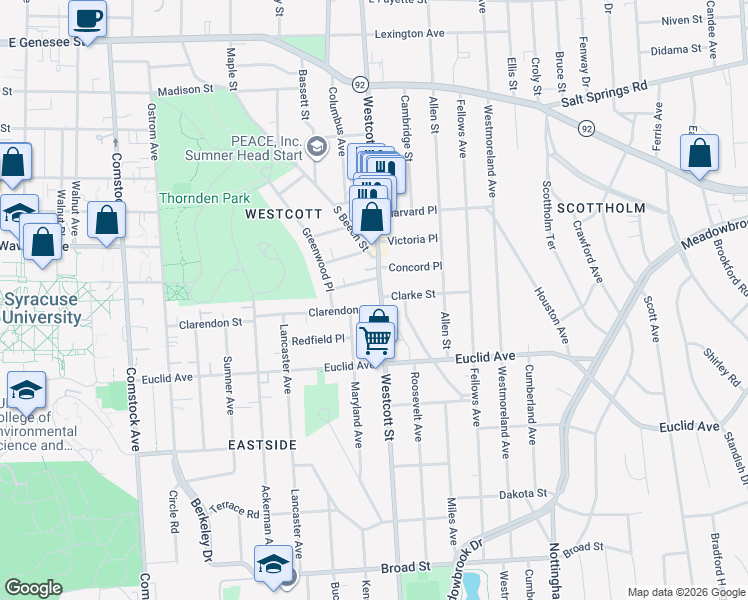 map of restaurants, bars, coffee shops, grocery stores, and more near 105 Westcott Street in Syracuse