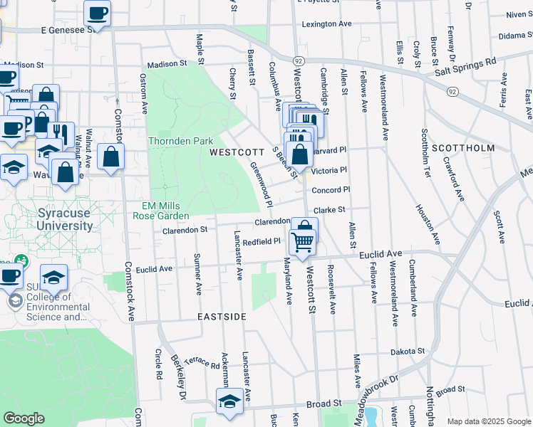 map of restaurants, bars, coffee shops, grocery stores, and more near 412 Greenwood Place in Syracuse