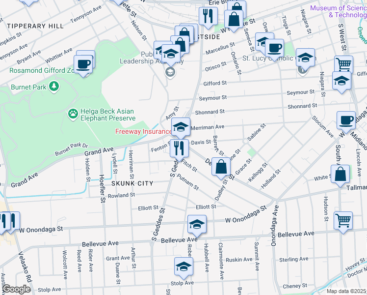 map of restaurants, bars, coffee shops, grocery stores, and more near 808 South Geddes Street in Syracuse
