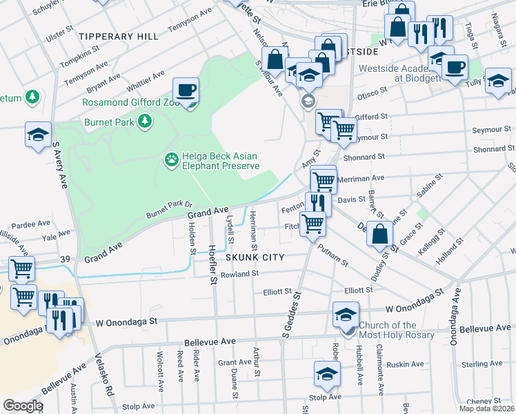 map of restaurants, bars, coffee shops, grocery stores, and more near in Syracuse