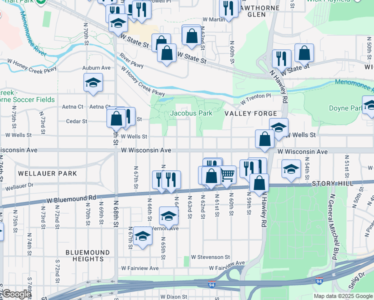 map of restaurants, bars, coffee shops, grocery stores, and more near 6313 West Wells Street in Wauwatosa