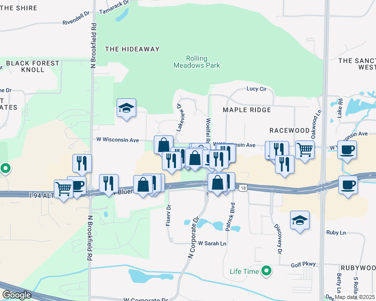 map of restaurants, bars, coffee shops, grocery stores, and more near 18107 Wisconsin Avenue in Brookfield
