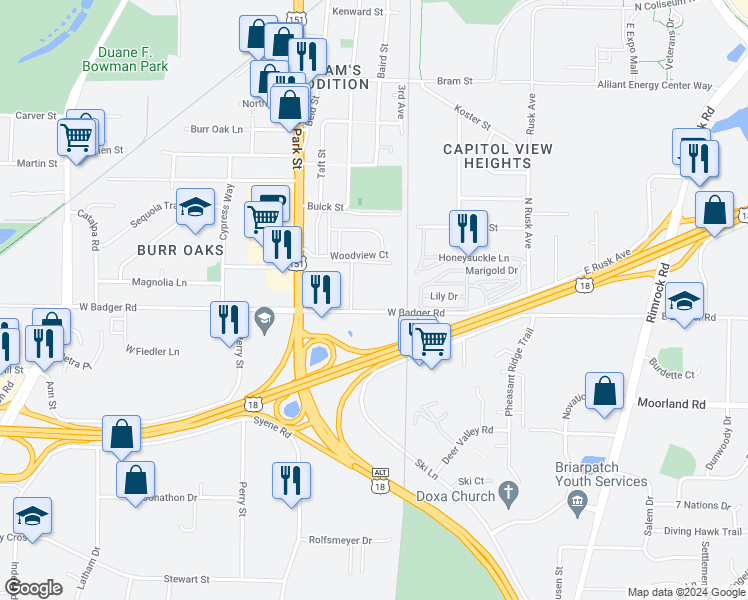 map of restaurants, bars, coffee shops, grocery stores, and more near 620 West Badger Road in Madison