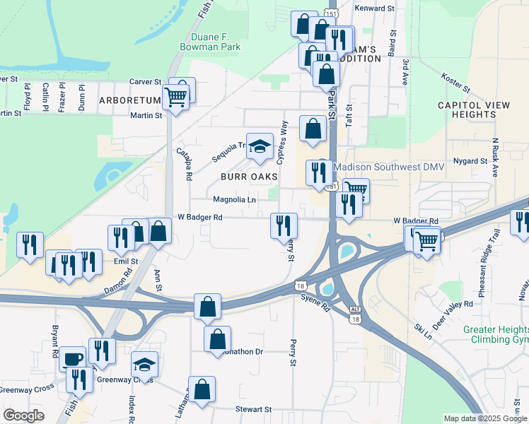 map of restaurants, bars, coffee shops, grocery stores, and more near 914 Magnolia Lane in Madison