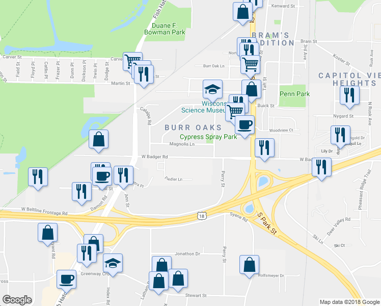 map of restaurants, bars, coffee shops, grocery stores, and more near 1002 Magnolia Lane in Madison