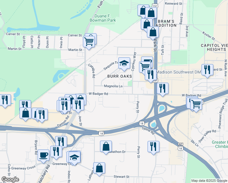 map of restaurants, bars, coffee shops, grocery stores, and more near 1002 Magnolia Lane in Madison