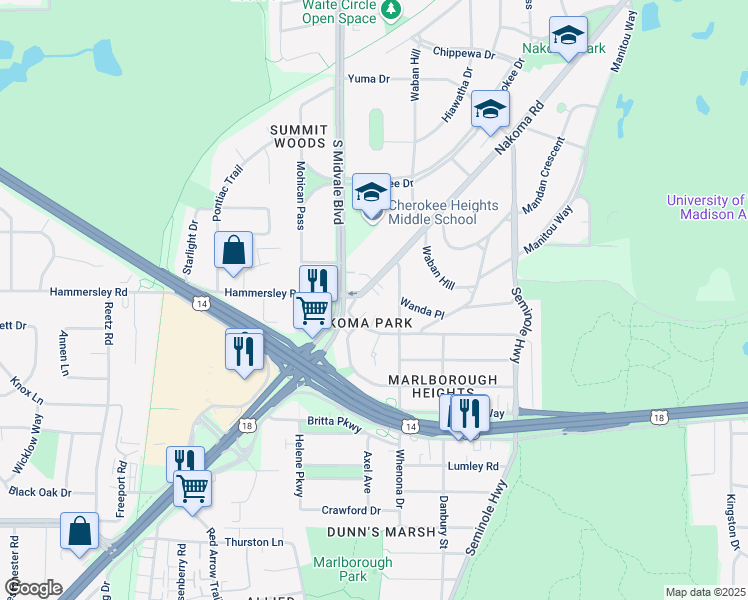 map of restaurants, bars, coffee shops, grocery stores, and more near 4305 Nakoma Road in Madison