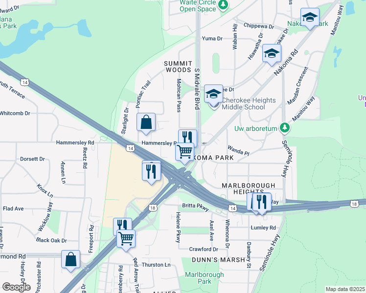 map of restaurants, bars, coffee shops, grocery stores, and more near 4417 Boulder Terrace in Madison