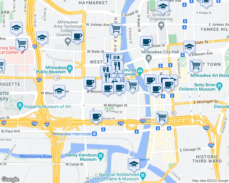 map of restaurants, bars, coffee shops, grocery stores, and more near W Wisconsin Ave & N Old World 3rd St in Milwaukee
