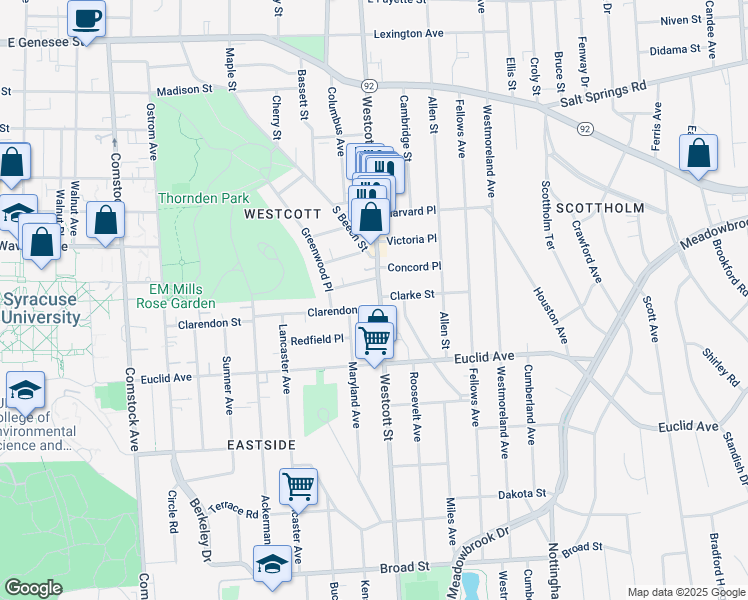 map of restaurants, bars, coffee shops, grocery stores, and more near 100 Concord Place in Syracuse