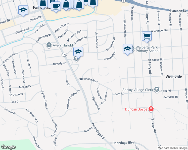map of restaurants, bars, coffee shops, grocery stores, and more near 200 Brentwood Drive in Syracuse