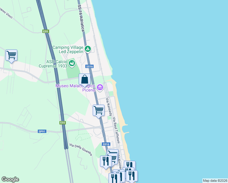 map of restaurants, bars, coffee shops, grocery stores, and more near 61 Via Kennedy in Cupra Marittima