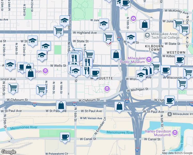 map of restaurants, bars, coffee shops, grocery stores, and more near 1324 West Wisconsin Avenue in Milwaukee