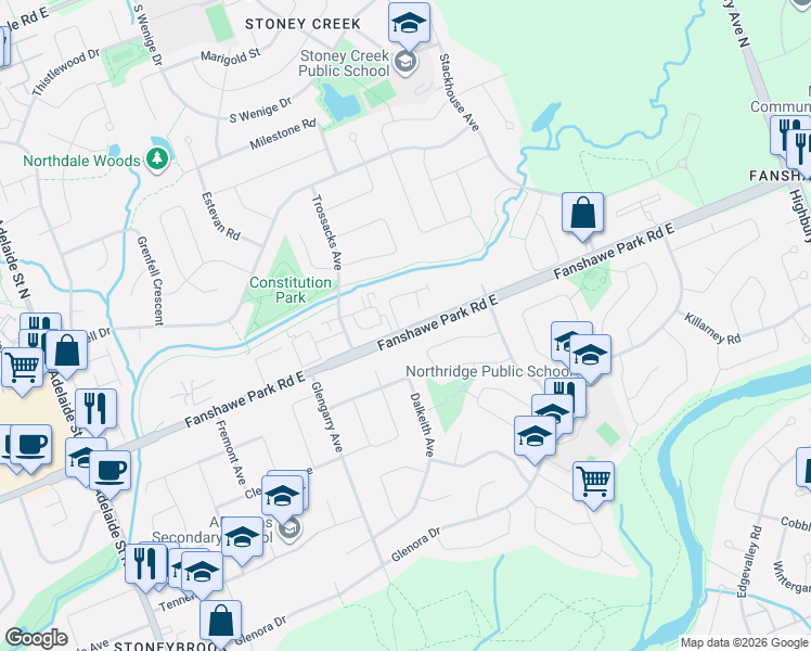 map of restaurants, bars, coffee shops, grocery stores, and more near 25 Stoneycreek Crescent in London