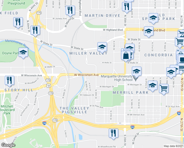 map of restaurants, bars, coffee shops, grocery stores, and more near 4020 W Wisconsin Ave in Milwaukee