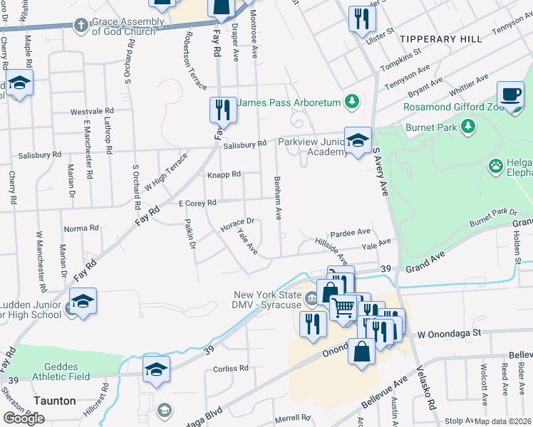 map of restaurants, bars, coffee shops, grocery stores, and more near 103 East Corey Road in Syracuse