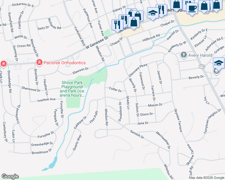 map of restaurants, bars, coffee shops, grocery stores, and more near 108 Cutler Drive in Syracuse
