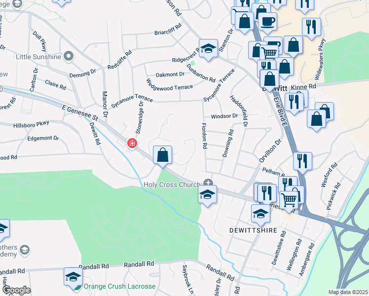 map of restaurants, bars, coffee shops, grocery stores, and more near 4015 East Genesee Street in Syracuse
