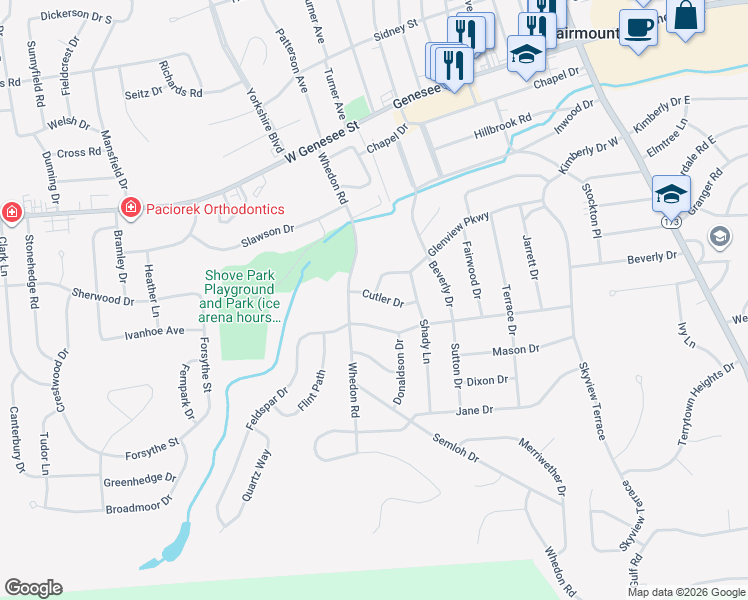 map of restaurants, bars, coffee shops, grocery stores, and more near 108 Cutler Drive in Syracuse