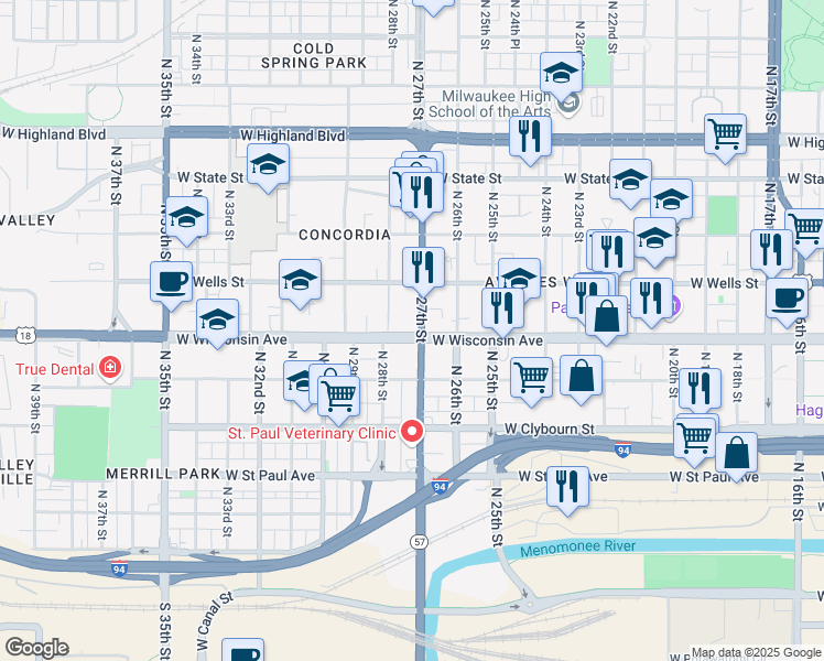 map of restaurants, bars, coffee shops, grocery stores, and more near 745 North 27th Street in Milwaukee