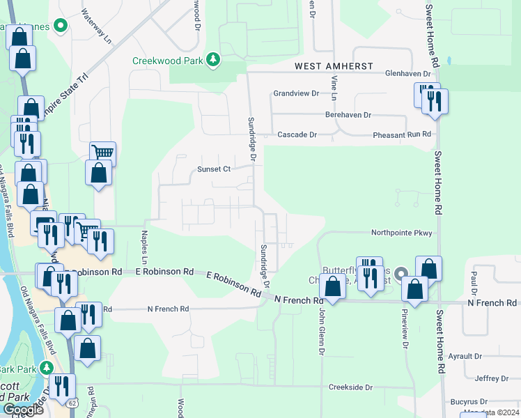 map of restaurants, bars, coffee shops, grocery stores, and more near 144 Sundridge Drive in Buffalo
