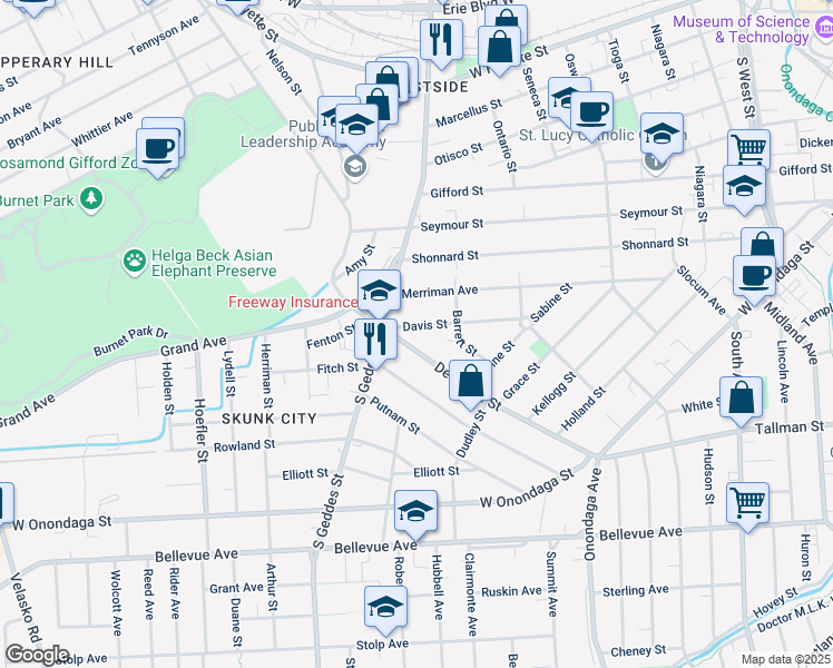 map of restaurants, bars, coffee shops, grocery stores, and more near 219 Davis Street in Syracuse