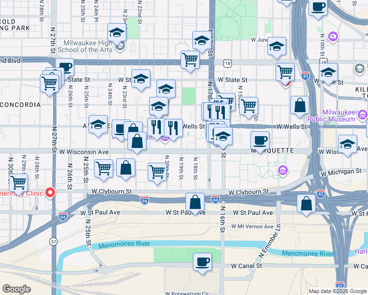 map of restaurants, bars, coffee shops, grocery stores, and more near 725 North 18th Street in Milwaukee
