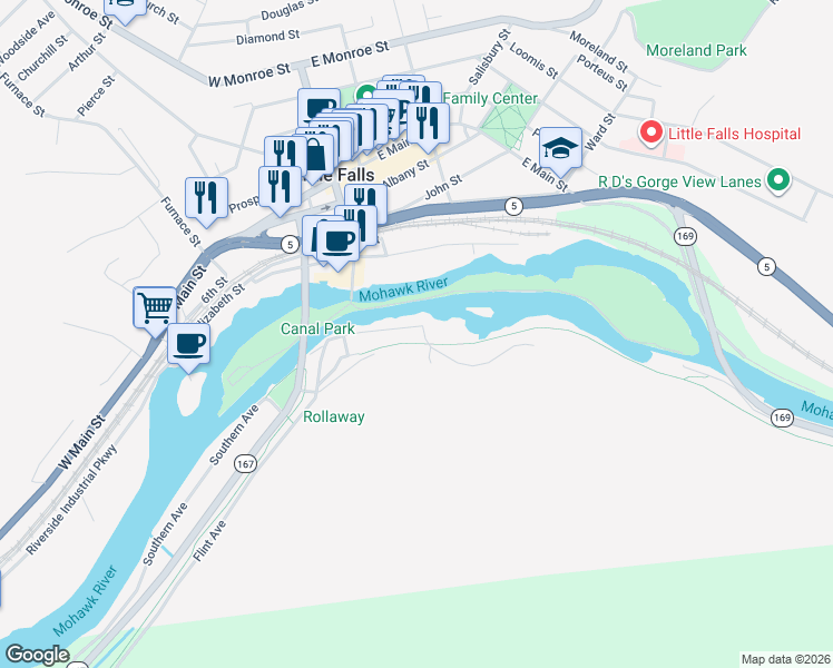map of restaurants, bars, coffee shops, grocery stores, and more near 3 Danube Street in Little Falls