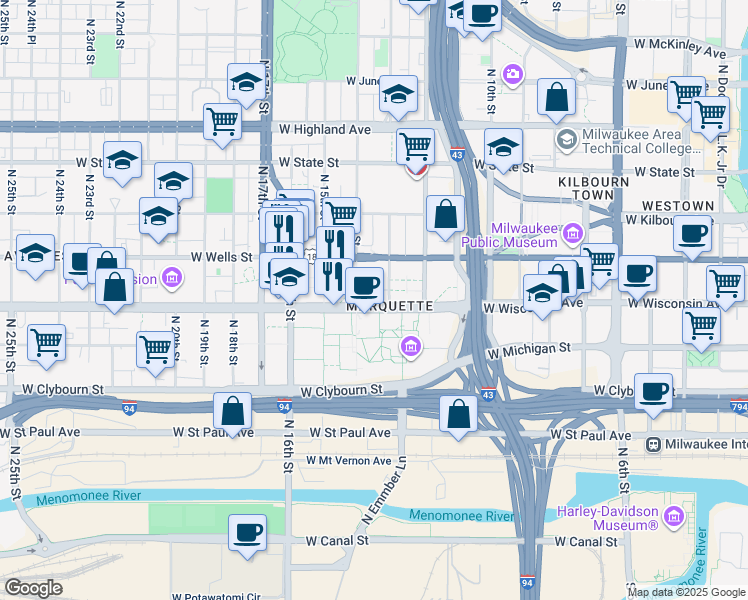 map of restaurants, bars, coffee shops, grocery stores, and more near 1324 West Wisconsin Avenue in Milwaukee