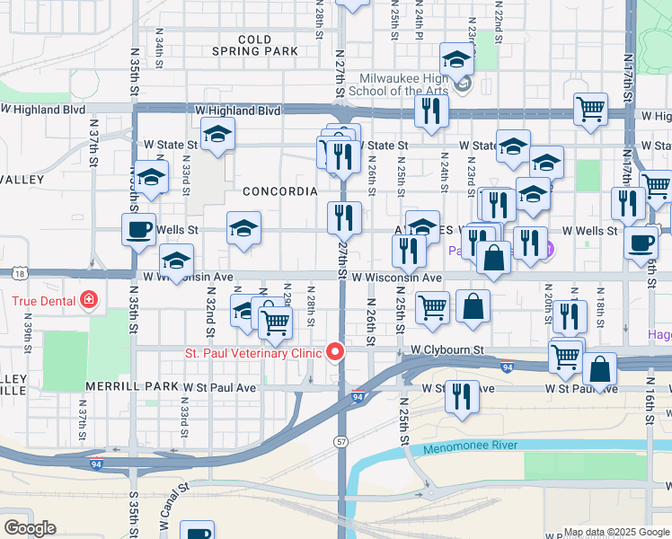 map of restaurants, bars, coffee shops, grocery stores, and more near 2708 West Wisconsin Avenue in Milwaukee