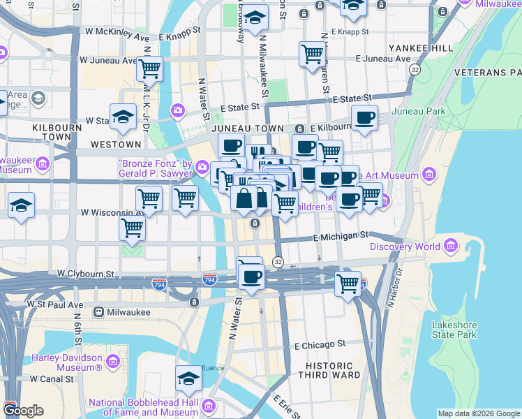 map of restaurants, bars, coffee shops, grocery stores, and more near 313 North Broadway in Milwaukee
