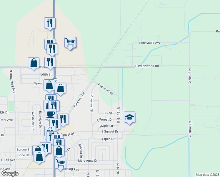 map of restaurants, bars, coffee shops, grocery stores, and more near 1302 Redwood Drive in Riverton