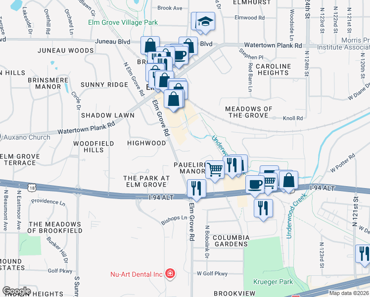 map of restaurants, bars, coffee shops, grocery stores, and more near 730 Elm Grove Road in Elm Grove