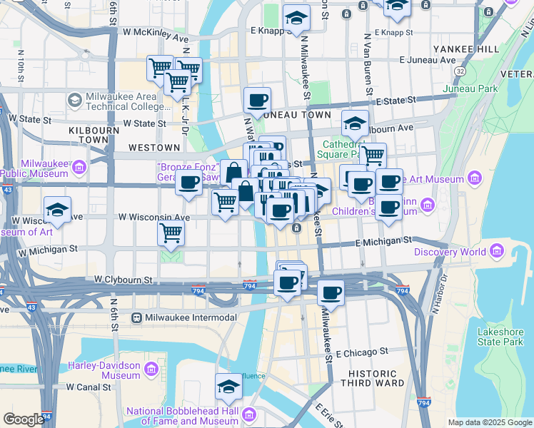 map of restaurants, bars, coffee shops, grocery stores, and more near 100 East Wisconsin Avenue in Milwaukee
