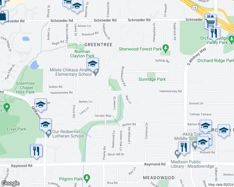 map of restaurants, bars, coffee shops, grocery stores, and more near 1301 Loreen Drive in Madison