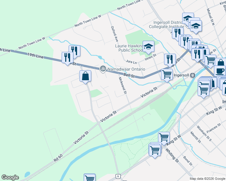 map of restaurants, bars, coffee shops, grocery stores, and more near 295 Dunn Court in Ingersoll
