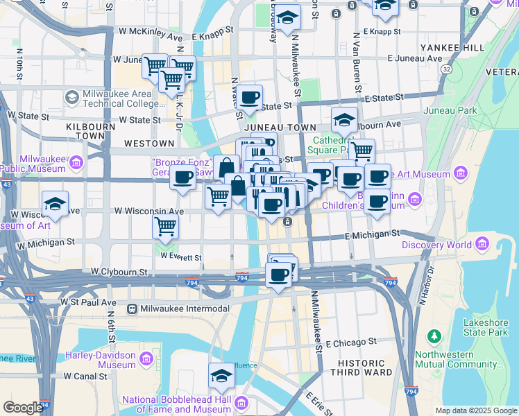 map of restaurants, bars, coffee shops, grocery stores, and more near 100 East Wisconsin Avenue in Milwaukee