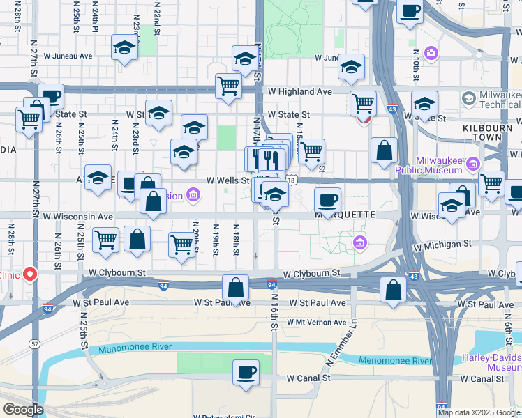 map of restaurants, bars, coffee shops, grocery stores, and more near 706 North 17th Street in Milwaukee