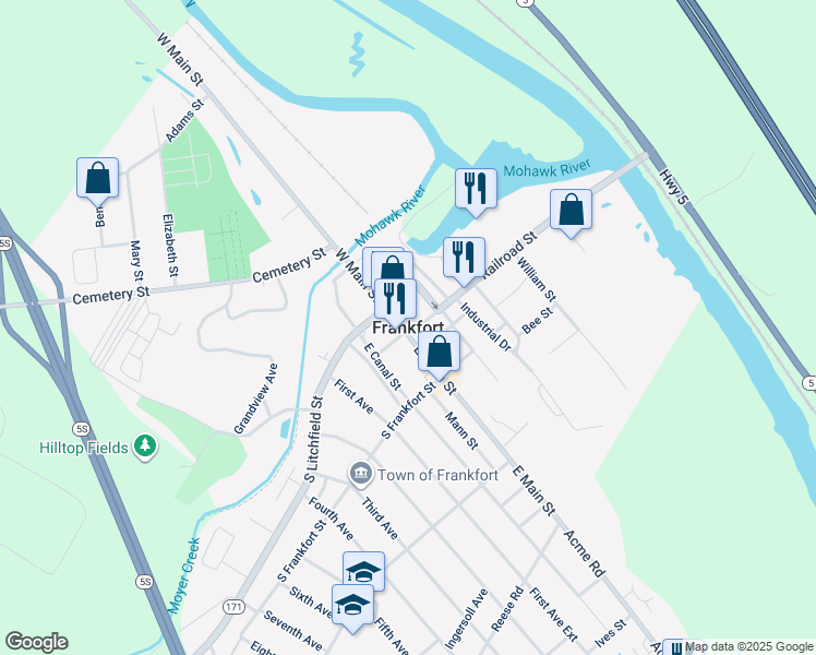 map of restaurants, bars, coffee shops, grocery stores, and more near in Frankfort